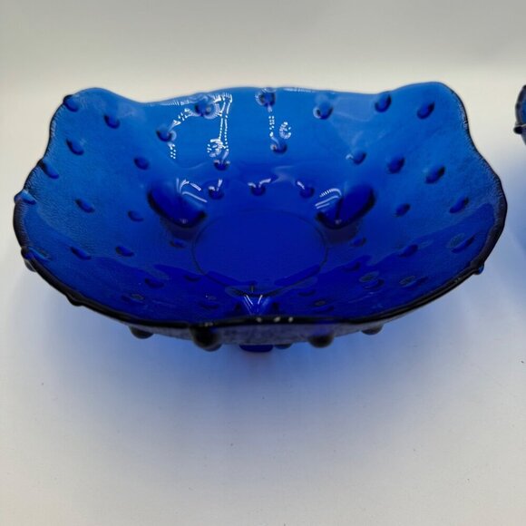 Unusual Vintage Collectible Cobalt Blue Blown Glass Hobnail Footed Serving Bowl - Picture 1 of 10